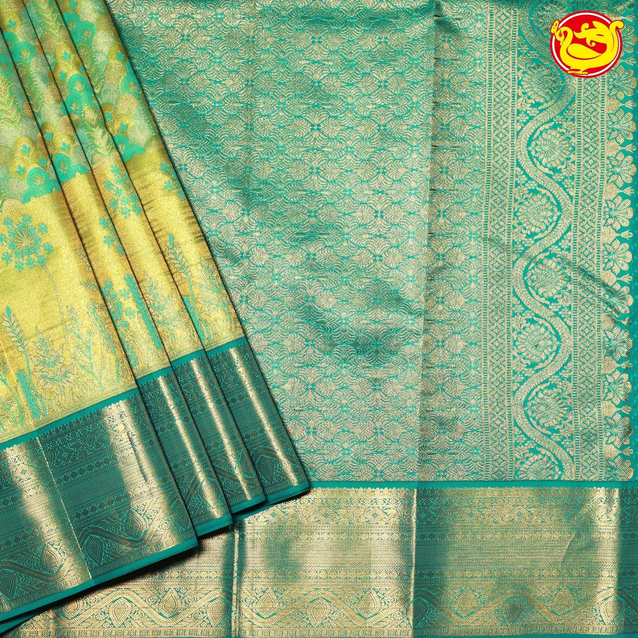 Pastel Green Floral Print Gold Zari Buttas Border Pure Kanjivaram Traditional Wedding Silk Saree