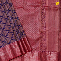 Navy Blue with Pink Buttas Motifs Copper Zari Long Border Pure Kanjivaram Wedding Silk Saree - Thenianantham