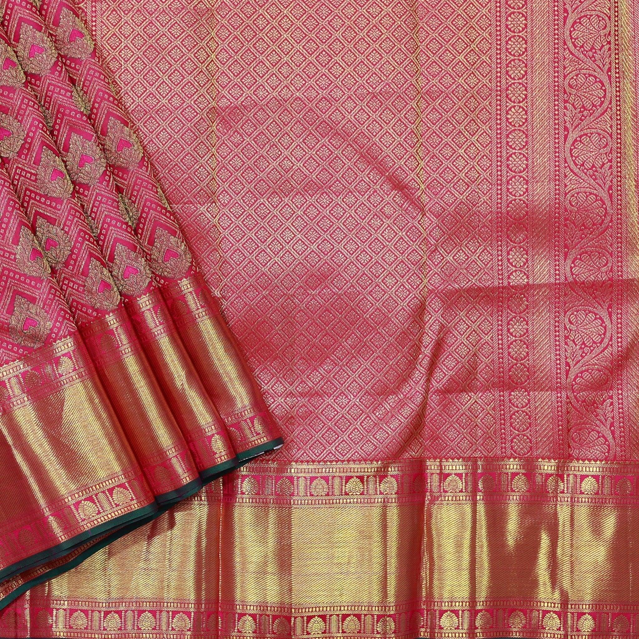 Hot Pink Traditional Buttas Gold Zari Floral Border Kanjivaram Wedding Silk Saree - Thenianantham