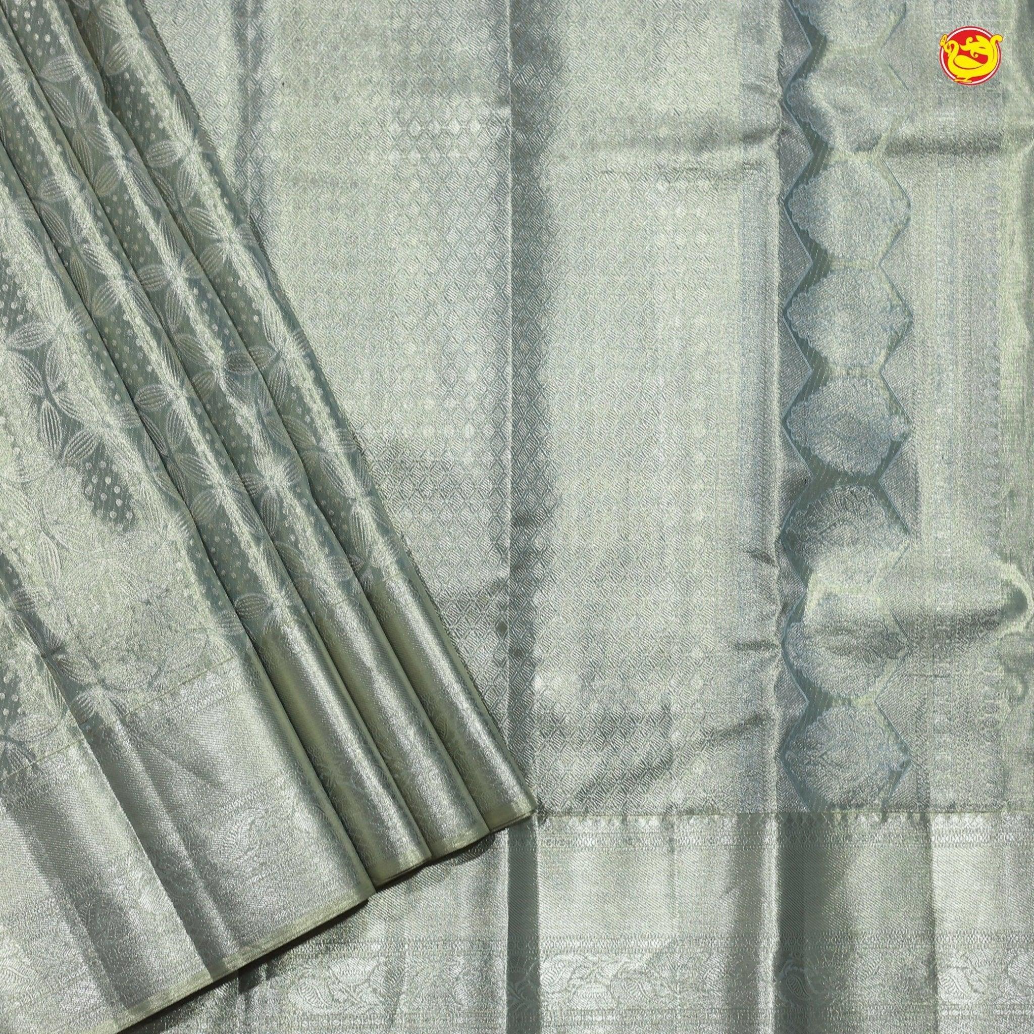 Grey with Silver Geometric Silver Zari Floral Motifs Long Border Wedding Silk Saree