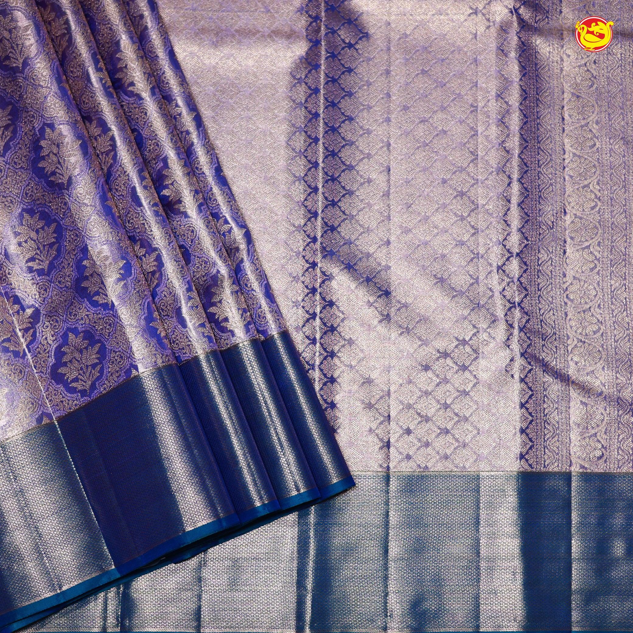 Biscuit Brown with Violet Floral Motifs Copper Zari Long Border Kanjivaram Wedding Silk Saree