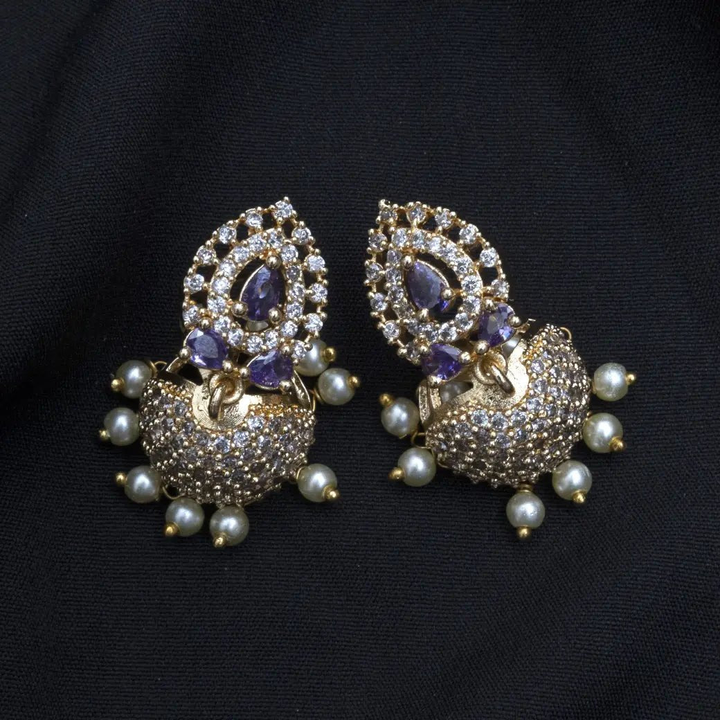 American diamond jhumkas with purple stone and pearl hangings