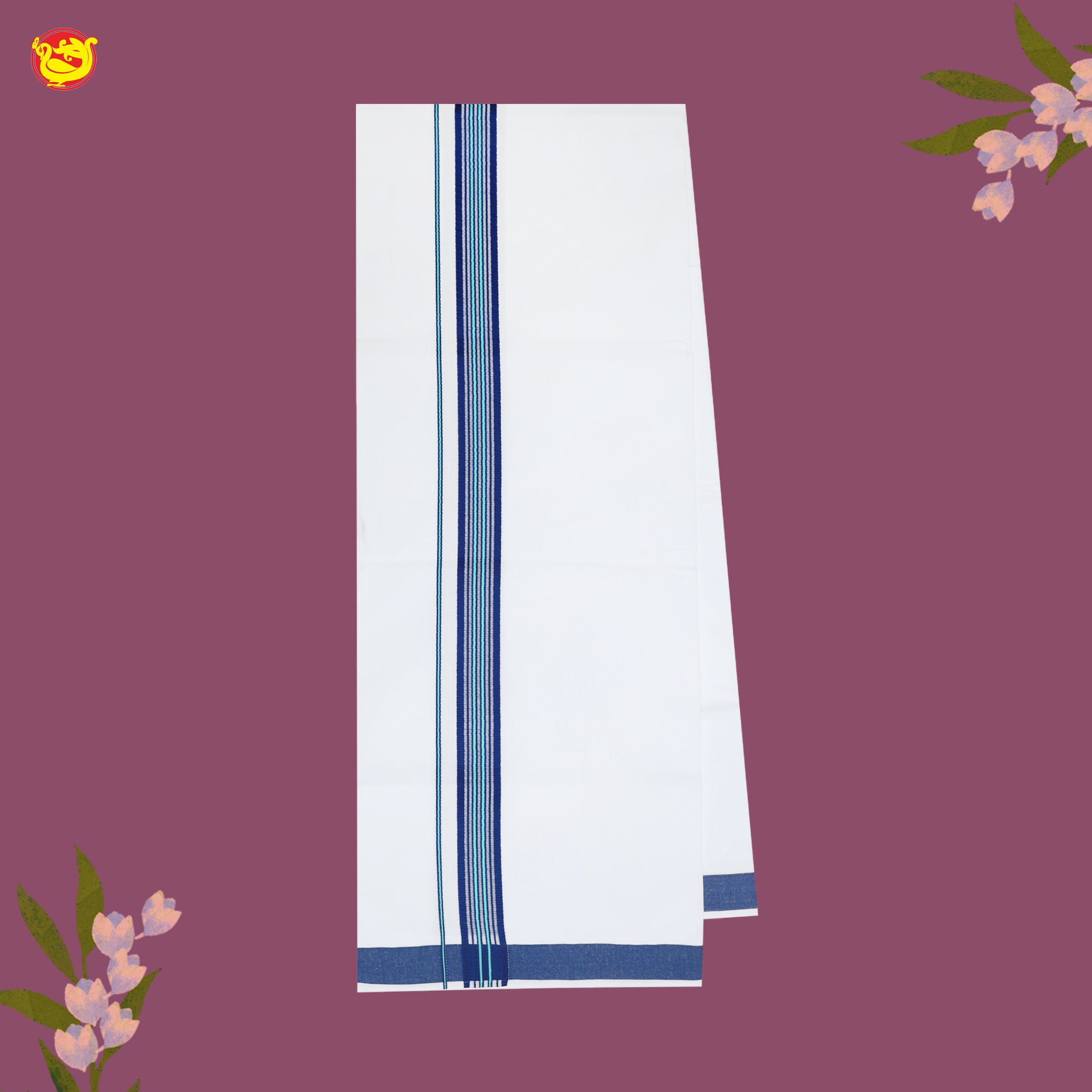 White with Indigo Fancy Border Single Layer Cotton Men’s Dhoti