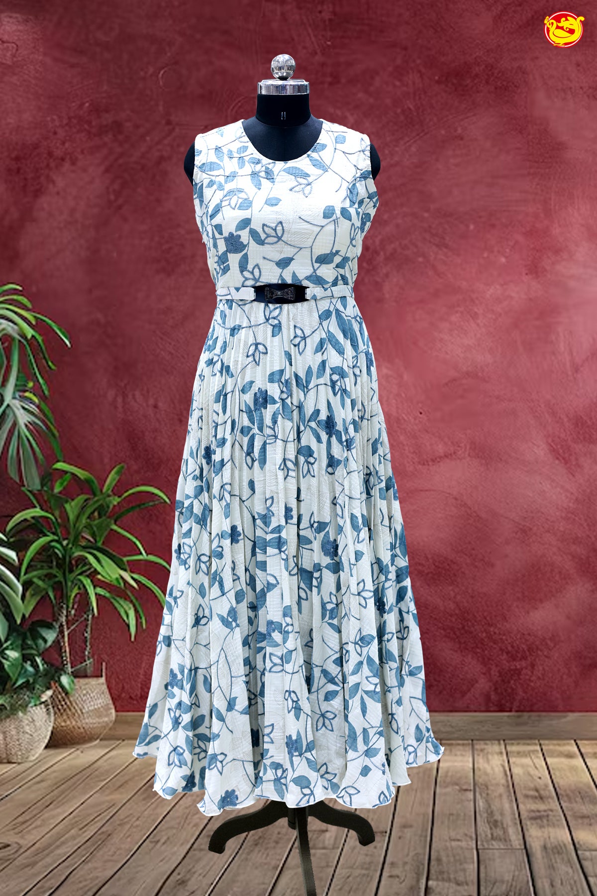 White and Blue Floral with leafs Motifs Ladies Branded Readymade Maxi Top