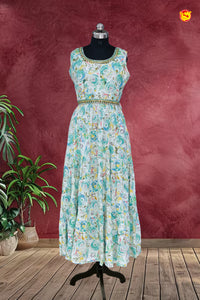 White with Sea green floral prints Branded Readymade Maxi Long Top