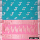 Turquoise Blue With  Pink  Silk Cotton Saree