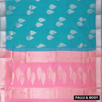 Turquoise Blue With  Pink  Silk Cotton Saree