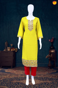 Lemon Yellow Buttas with Floral Embroidery work Ladies Branded Readymade Chudi Set - Thenianantham