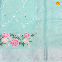 Ice Green Floral Embroidery Work Silver Zari Border Tissue Fancy Saree - Thenianantham