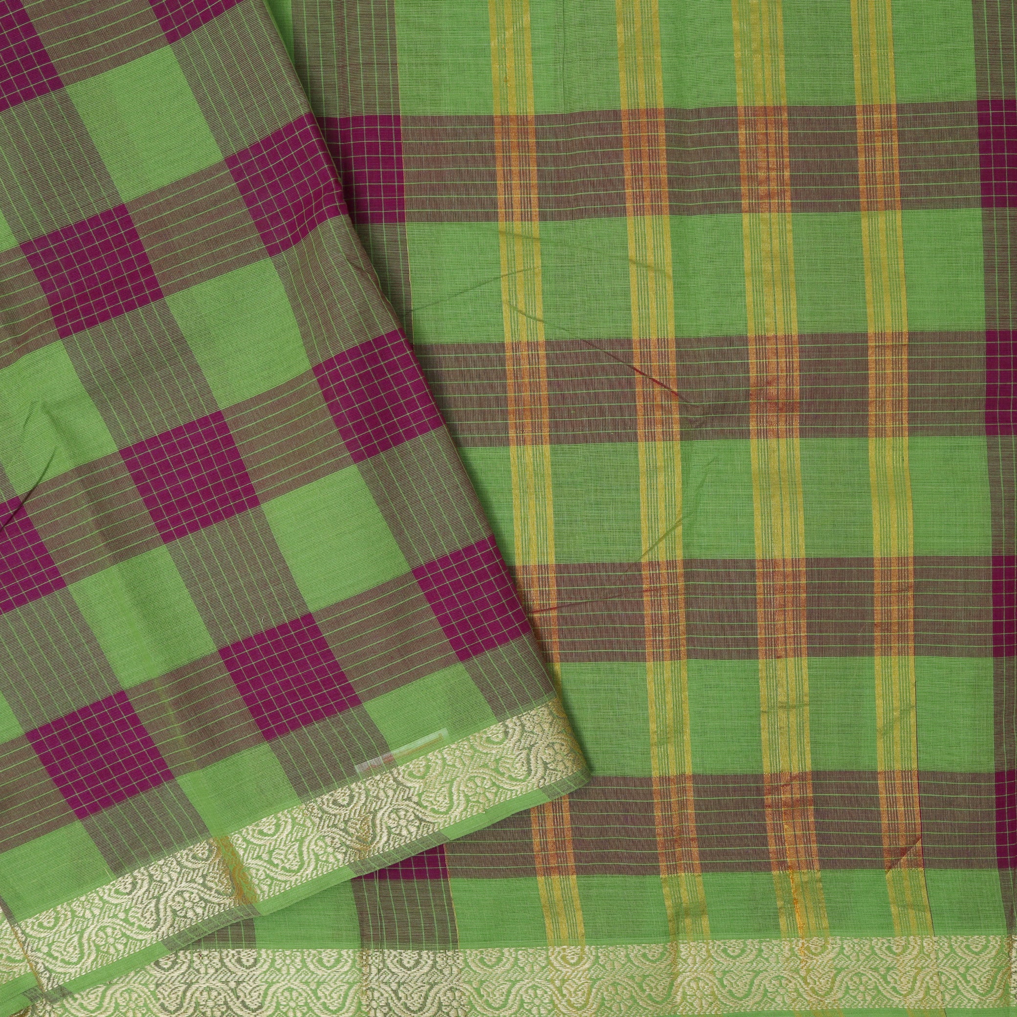 Green – Pink Small Checked Pattern Pure Chettinad Cotton Saree without Blouse
