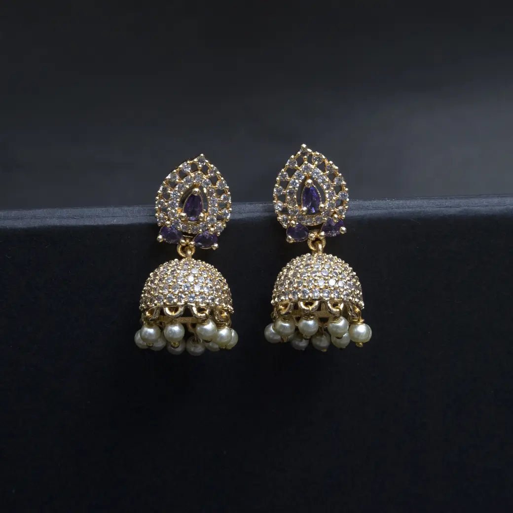 American diamond jhumkas with purple stone and pearl hangings