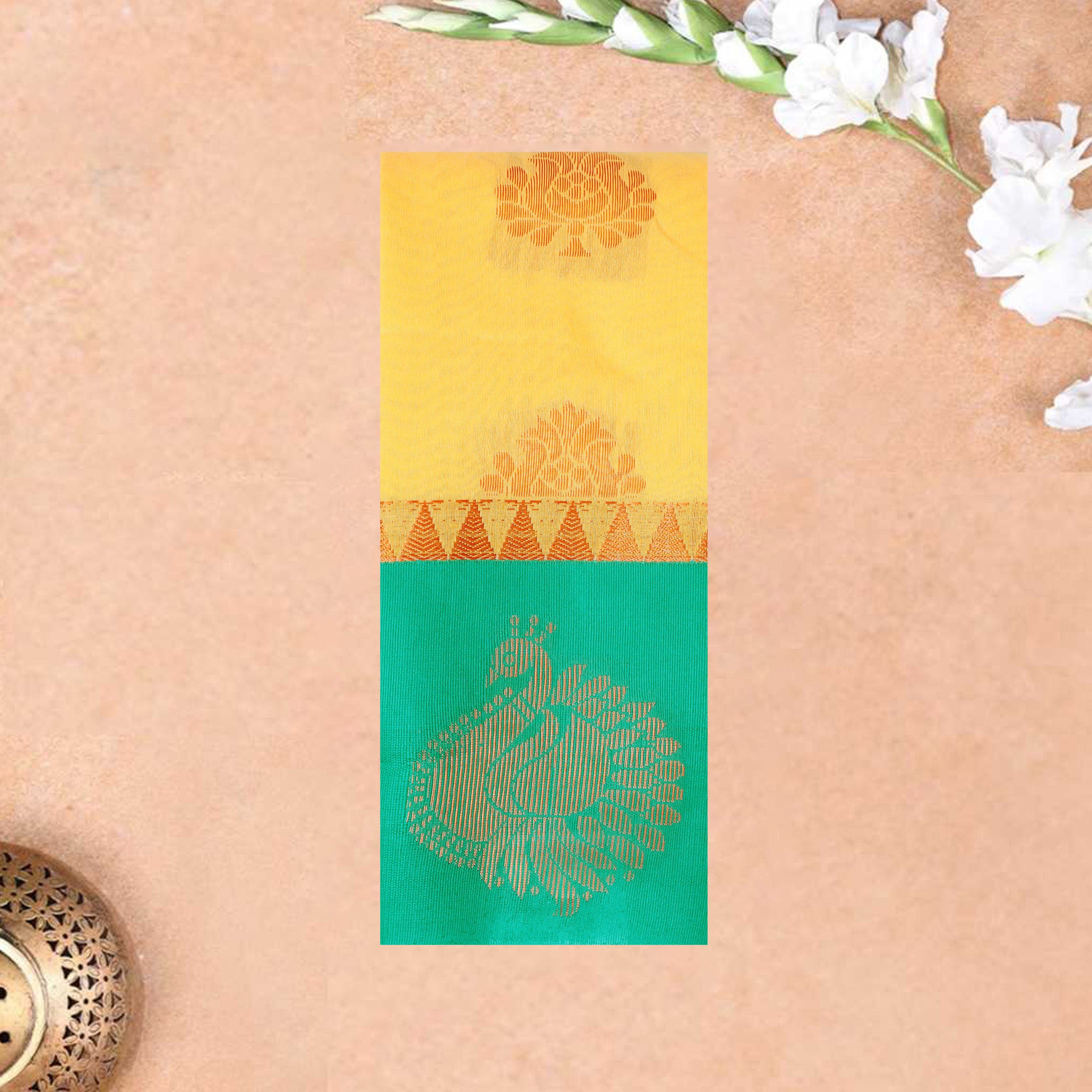 Yellow With  Green  Border Silk Cotton Saree