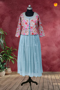 Sky Blue Floral Branded Readymade Maxi Top with Jacket