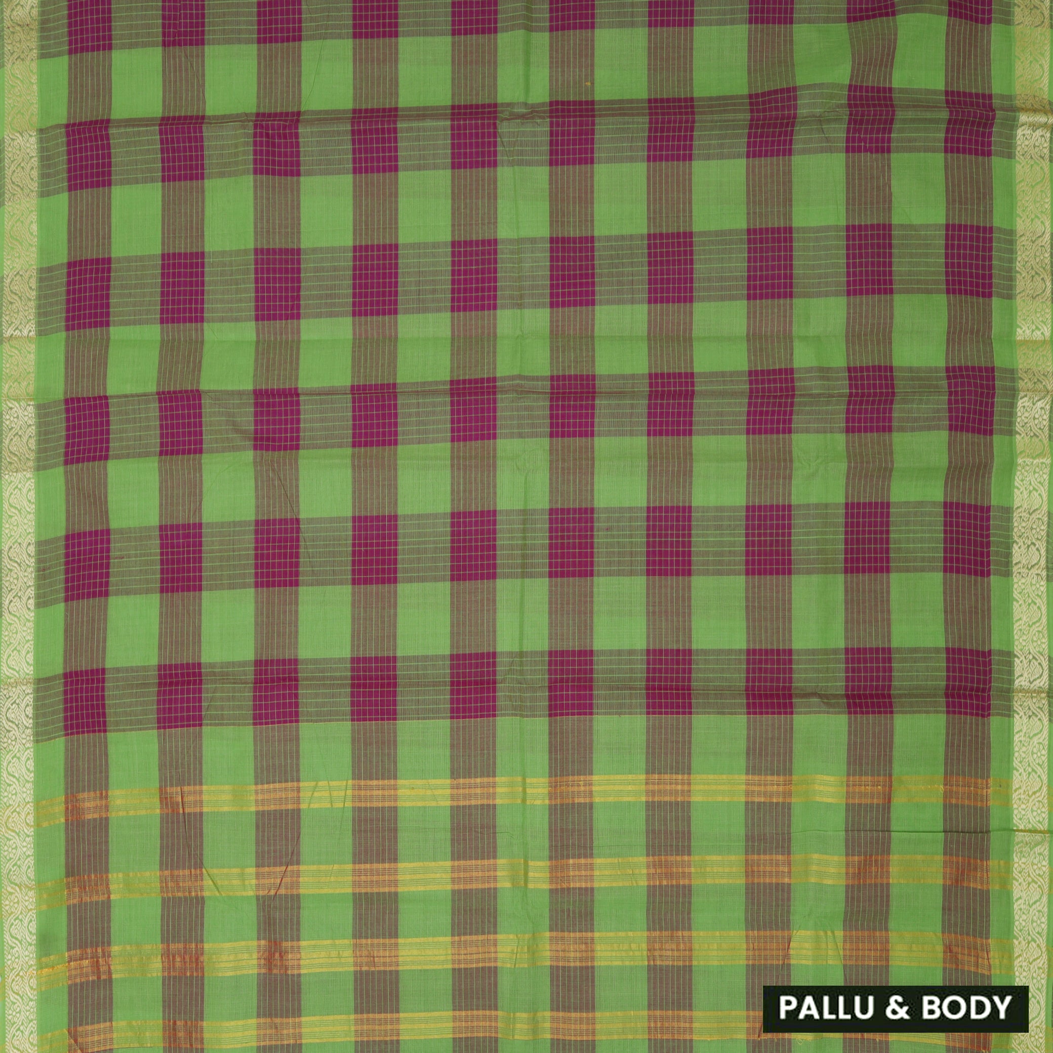 Green – Pink Small Checked Pattern Pure Chettinad Cotton Saree without Blouse