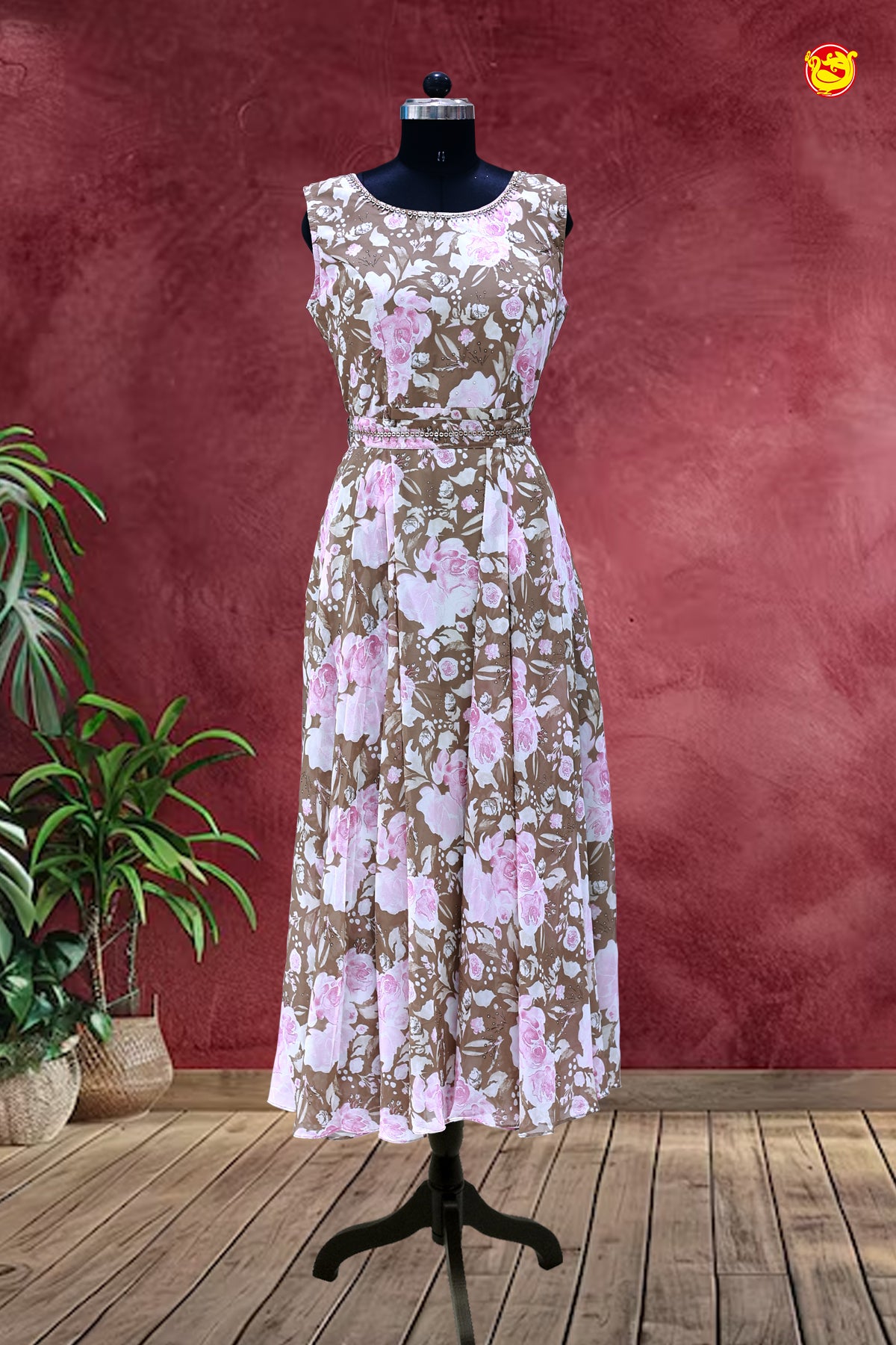 Chocolate Brown and Pinkies lovely Rose Floral Motifs Ladies Branded Readymade Maxi Top