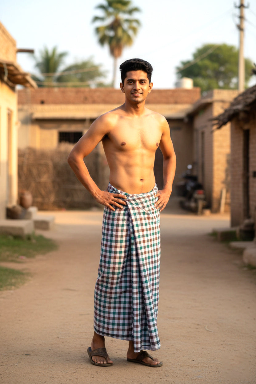 Men’s  Brown , Blue  with Grey Checked Cotton Stitched Lungi