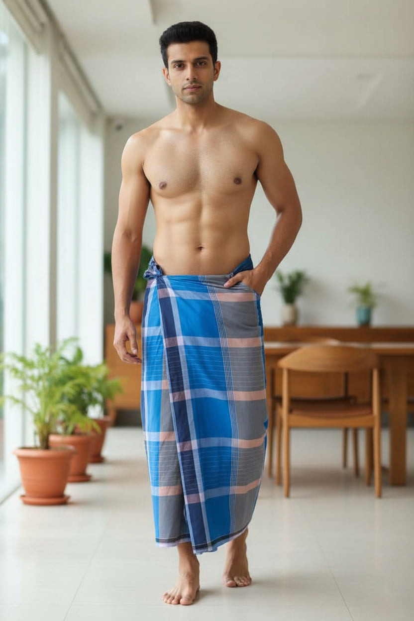 Men’s  Blue  with White Checked Cotton Stitched Lungi
