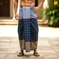 Men’s  Deep Blue with Brown Checked Cotton Stitched Lungi