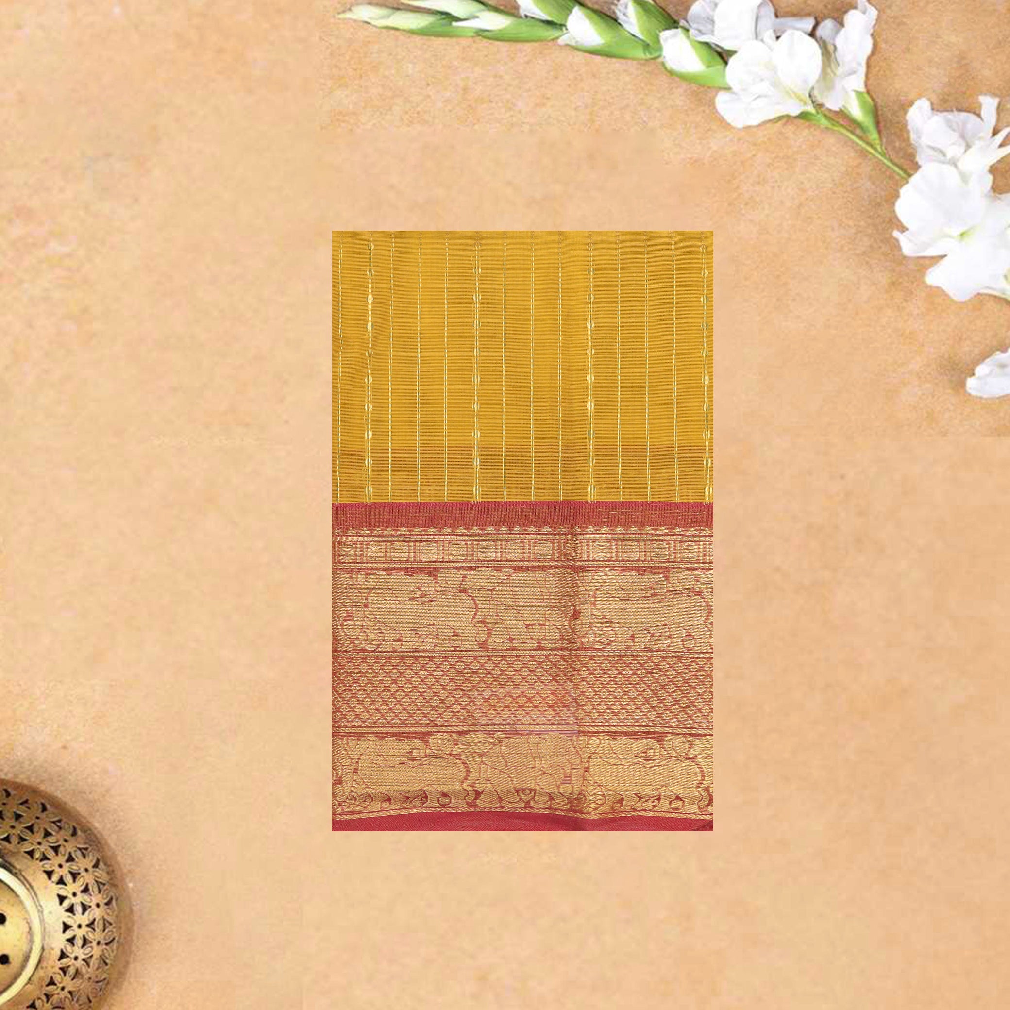 Mustard Yellow With Red Premium Quality Pure Cotton Saree