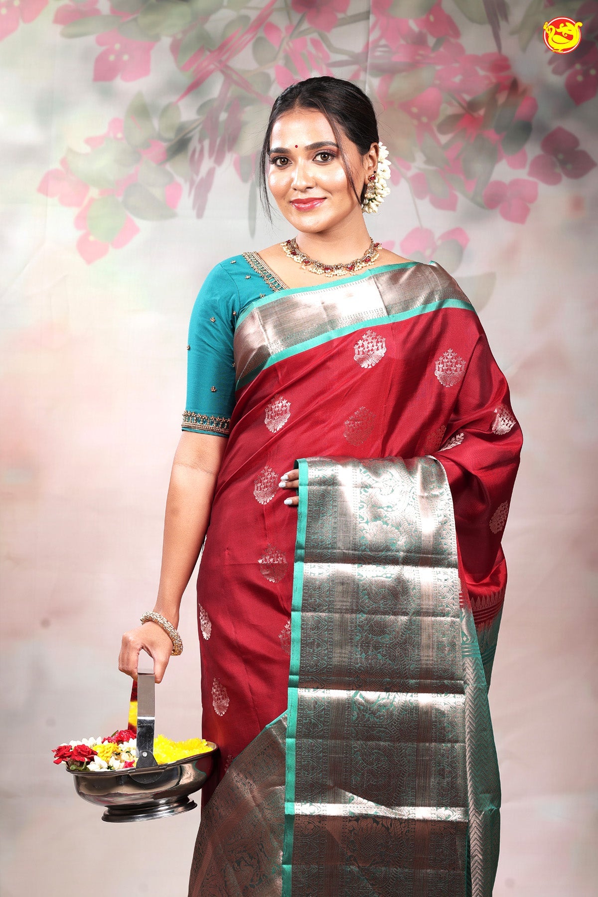 Red With Peacock Green Floral Motifs Copper Zari Long Border Pure Kanjivaram Soft Silk Saree