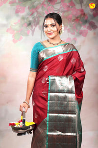 Red With Peacock Green Floral Motifs Copper Zari Long Border Pure Kanjivaram Subhalaya Soft Silk Saree - Thenianantham