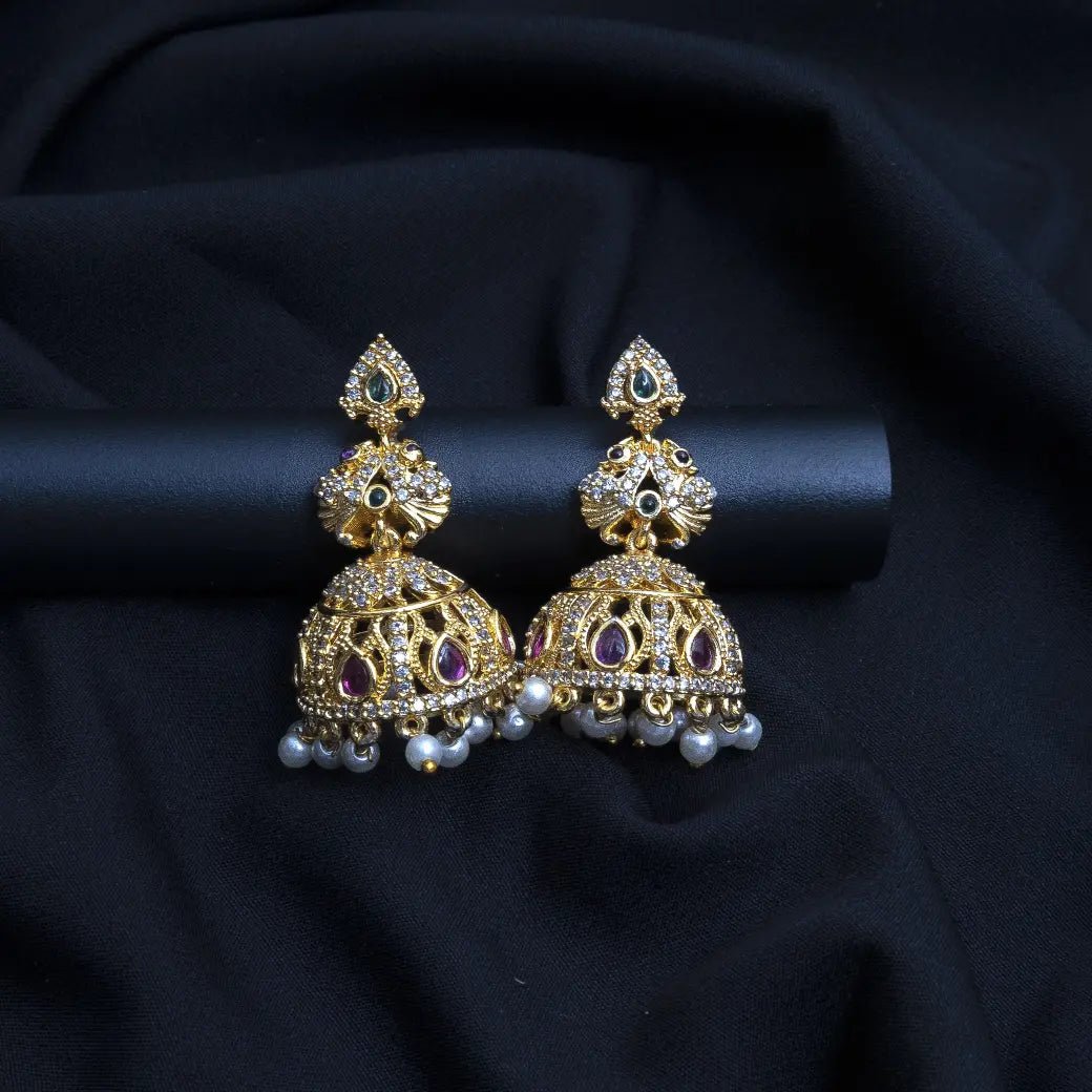 American diamond jhumkas with kemp stones and pearl hangings