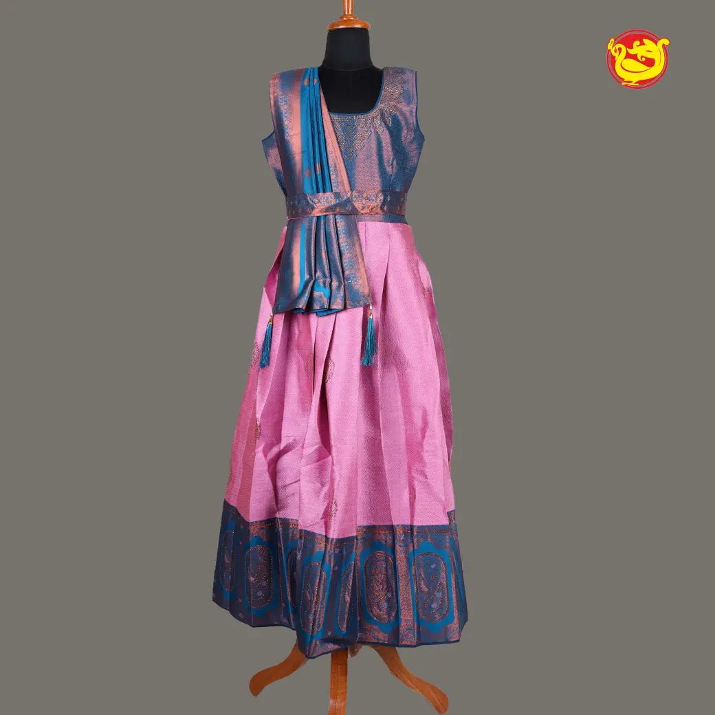 Light Pink with Peacock Blue & Women Branded Readymade Pattu Gown