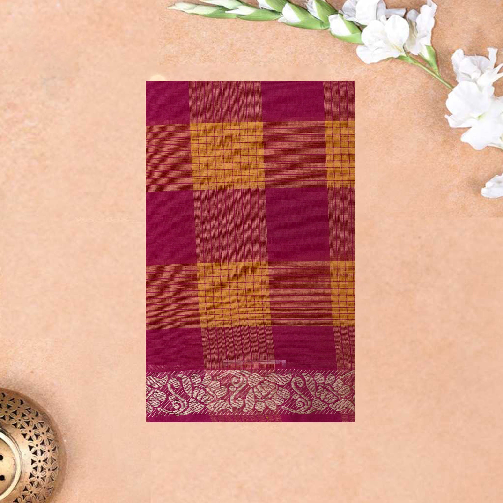 Yellow  – Brown Small Checked Pattern Pure Chettinad Cotton Saree without Blouse