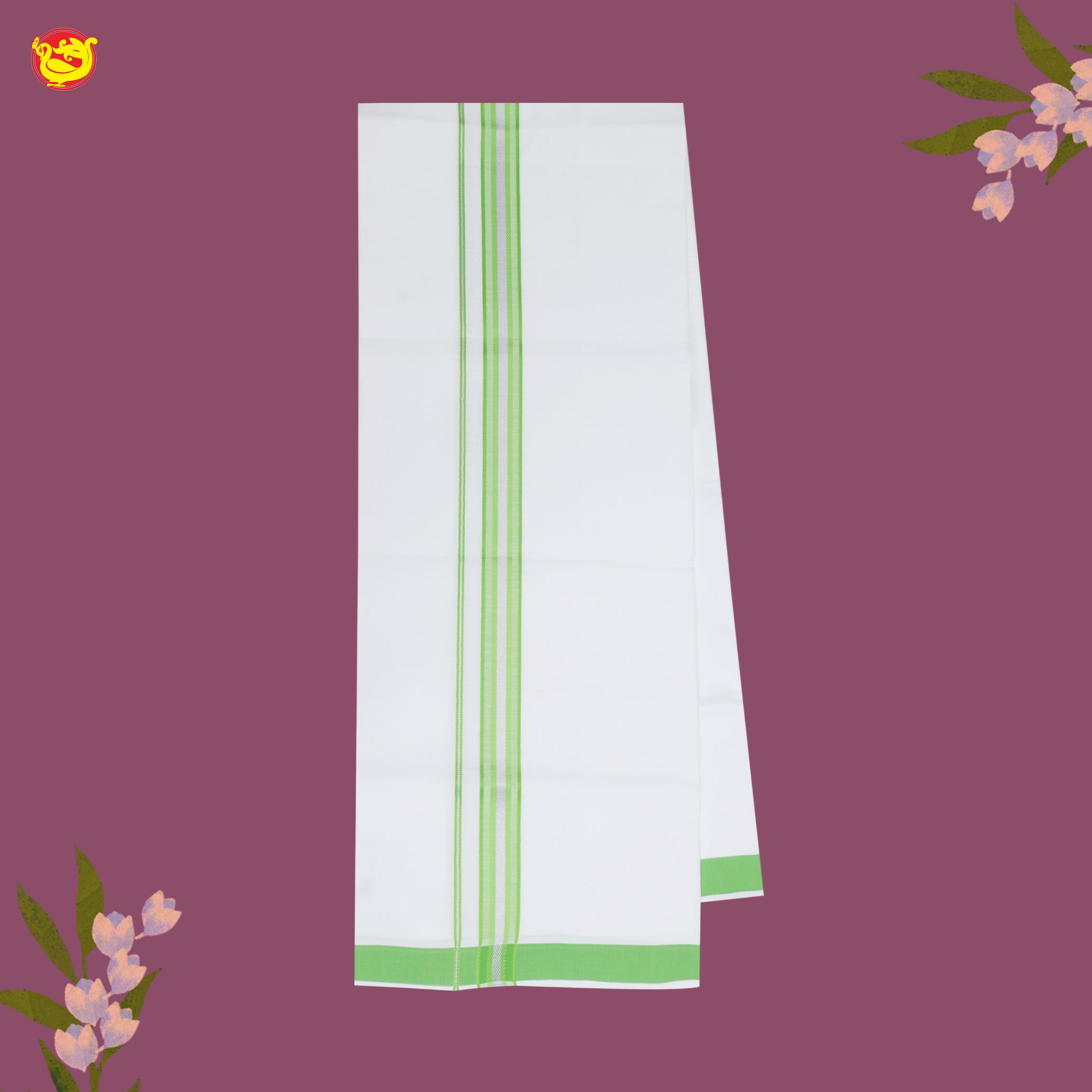 White with Lime Green Fancy Border Single Layer Cotton Men’s Dhoti