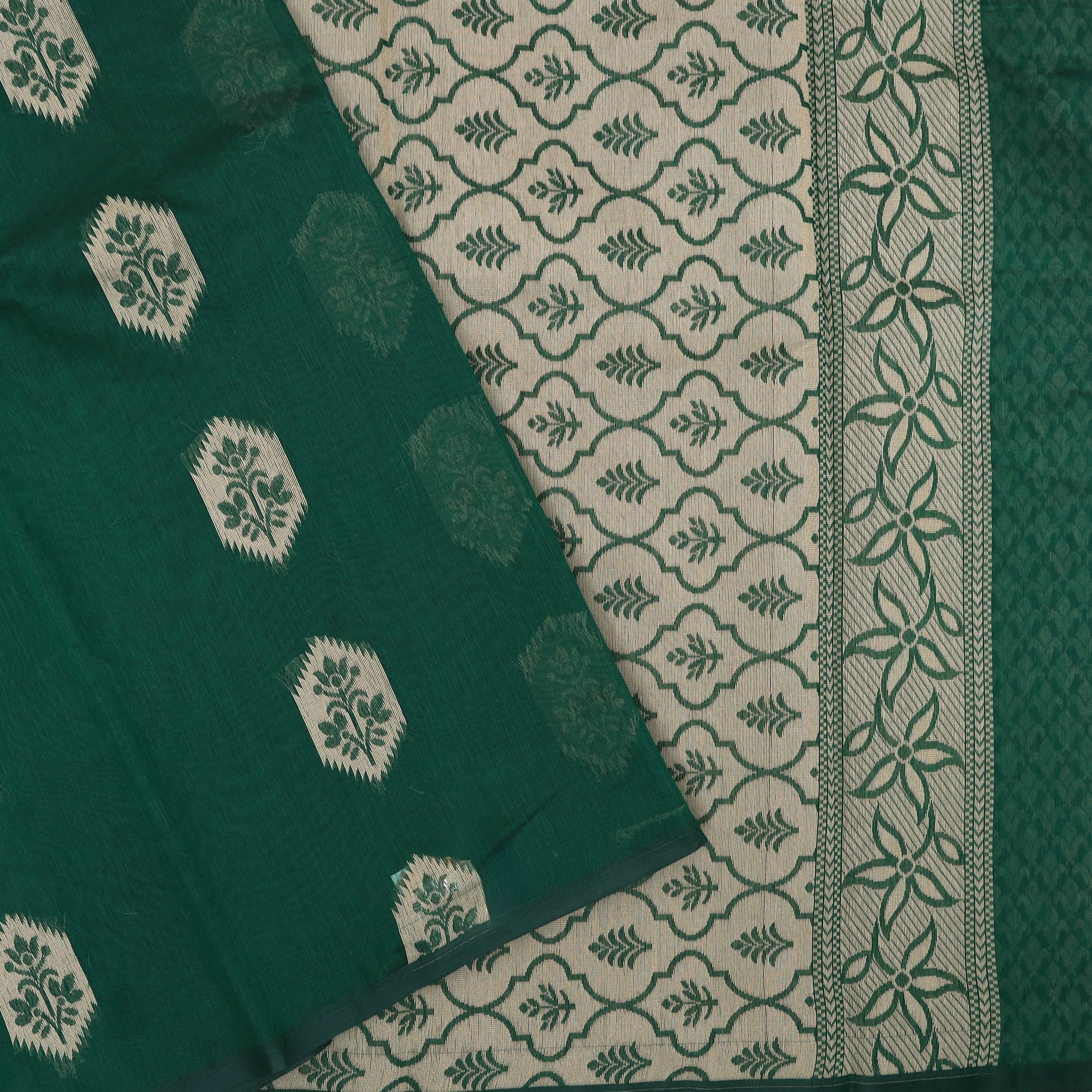 Dark Green With Sandal Zari  Silk Cotton Saree