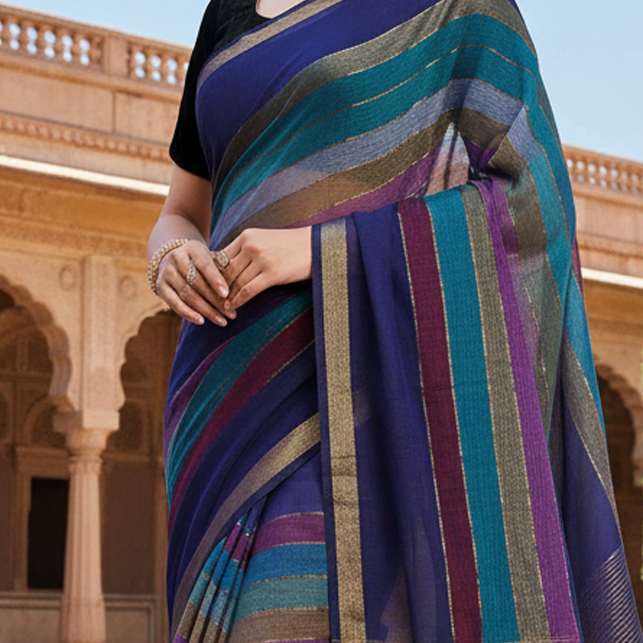 Blue  With Multi Colour Mul Mul Cotton Sarees