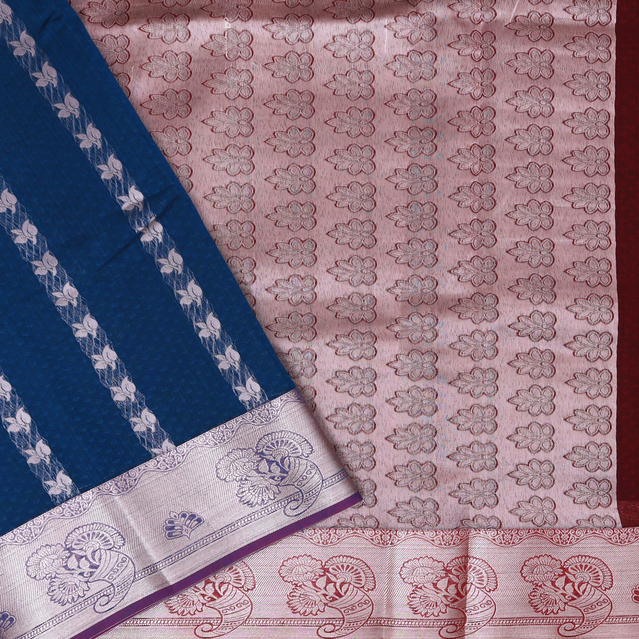Navy Blue With  Maroon  Silk Cotton Saree