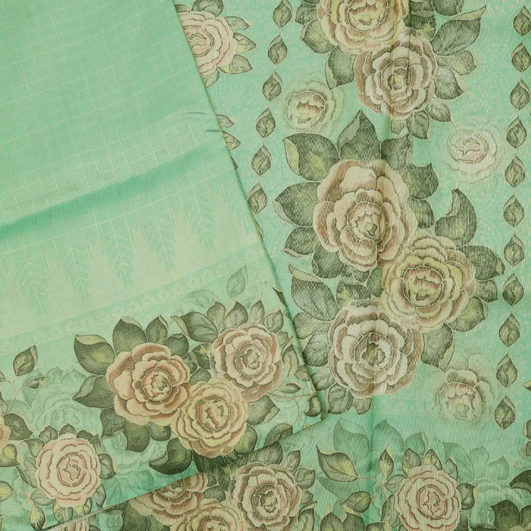 Light Green Floral Pattern Semi Raw Silk Saree