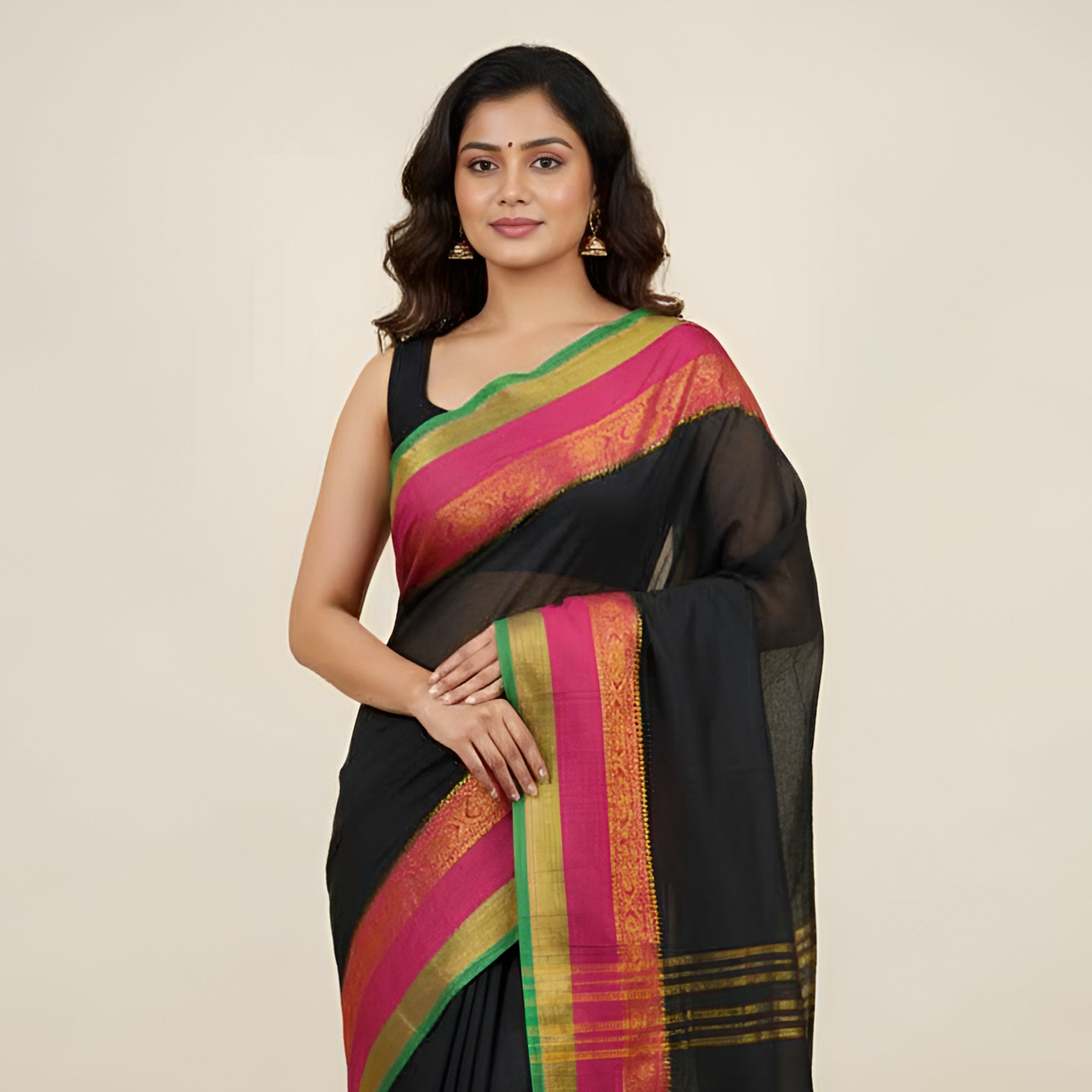 Black With Pink And Green Colour  Border Mul Mul Cotton Sarees