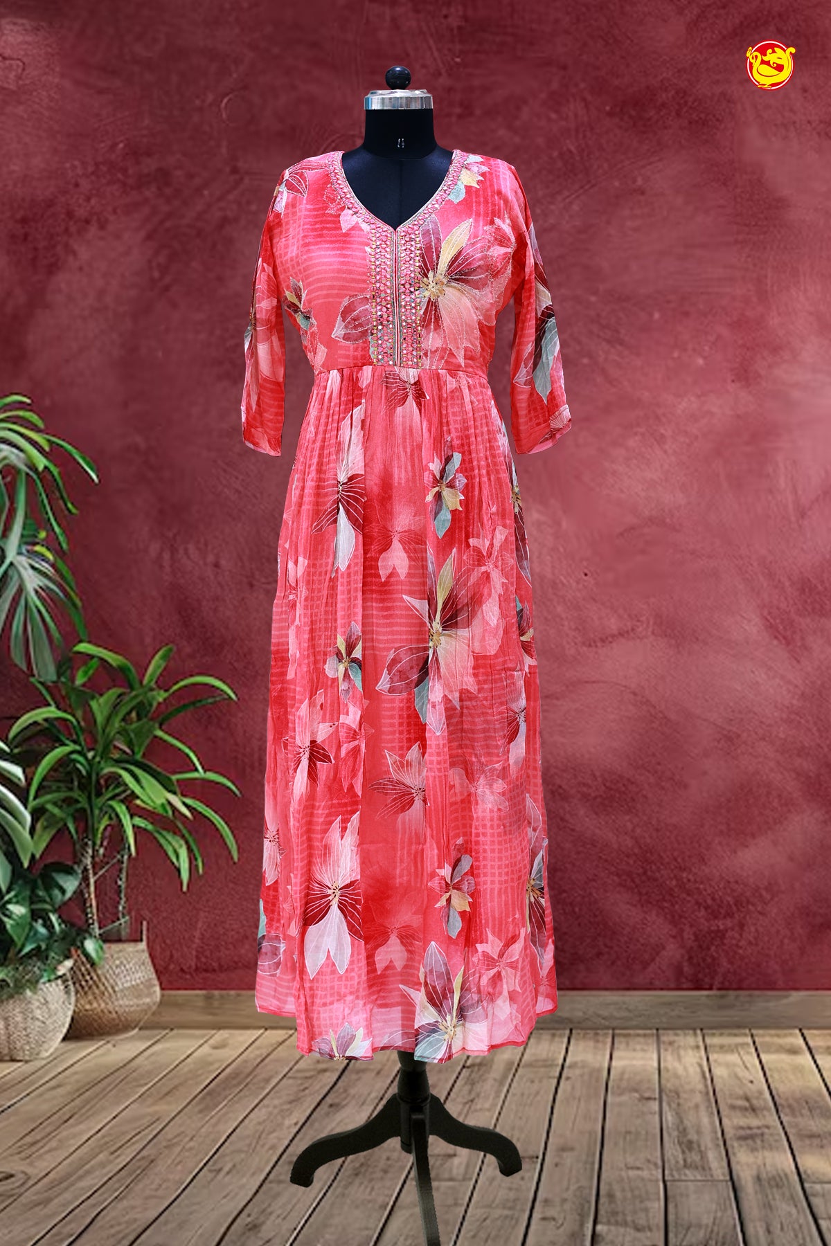 Tomato Red Floral Motifs in Checked embroidery work Ladies Branded Readymade Maxi Top