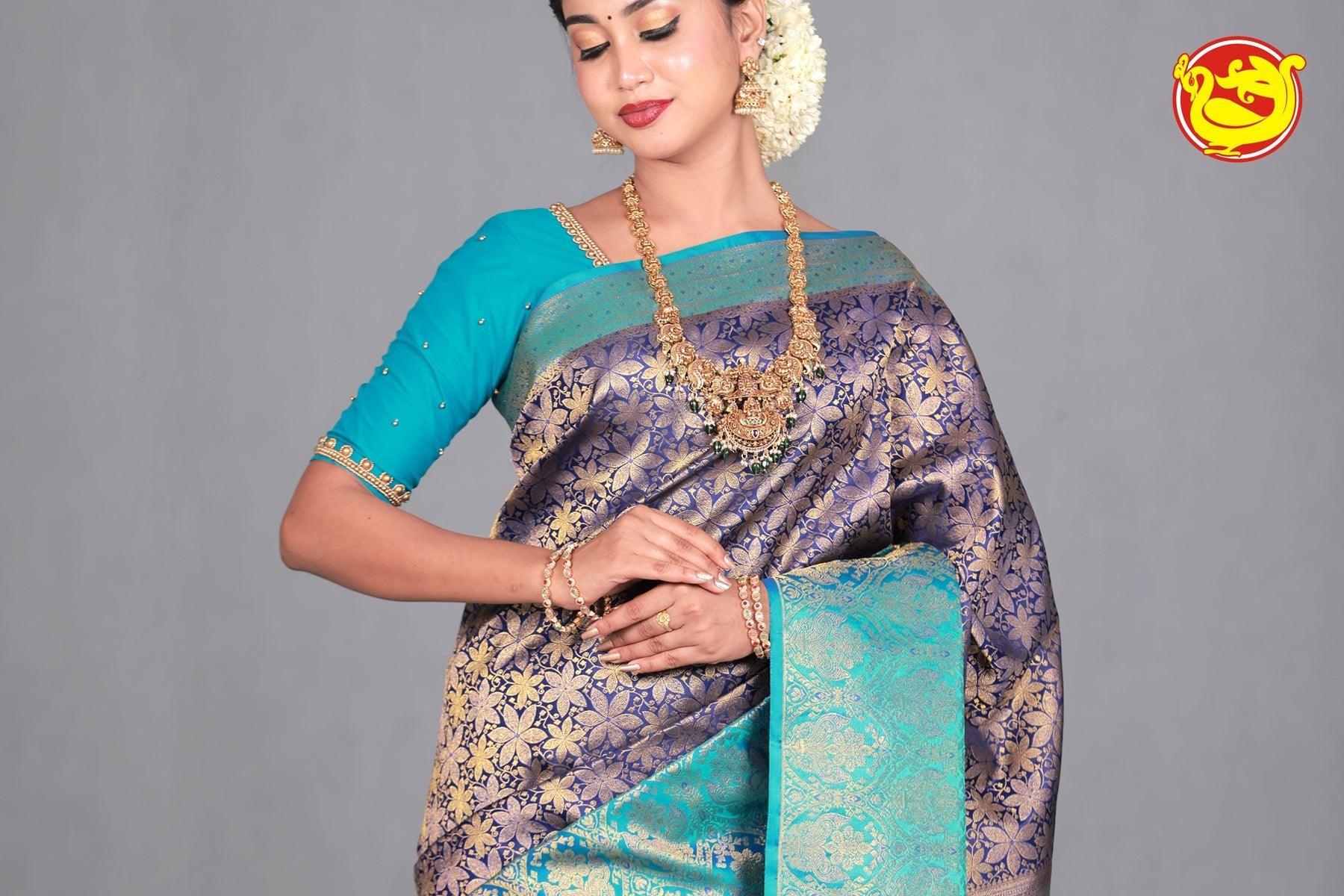 Dark Blue Wedding Silk Saree With Peacock Blue Pallu - Thenianantham