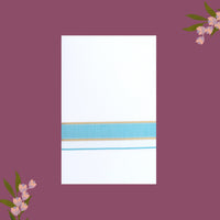 White with Sky Blue- The very thin stripes running alongside it appear to be gold Fancy Border Single Layer Cotton Men’s Dhoti
