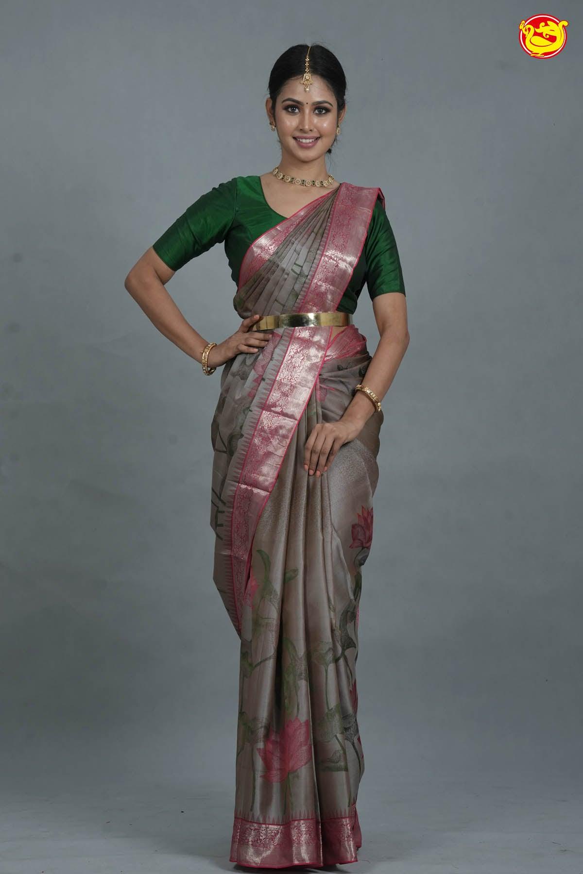 Grey with pink pure silk saree with woven lotus motifs in a raising pattern