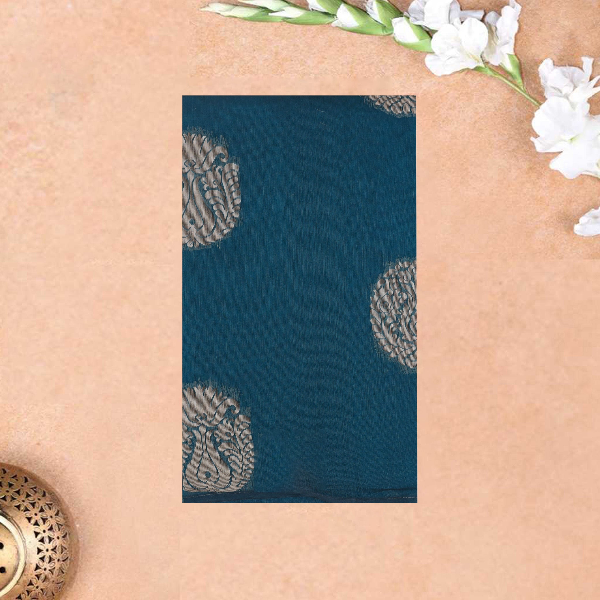 Deep Firozi Blue With Sandal Zari   Silk Cotton Saree