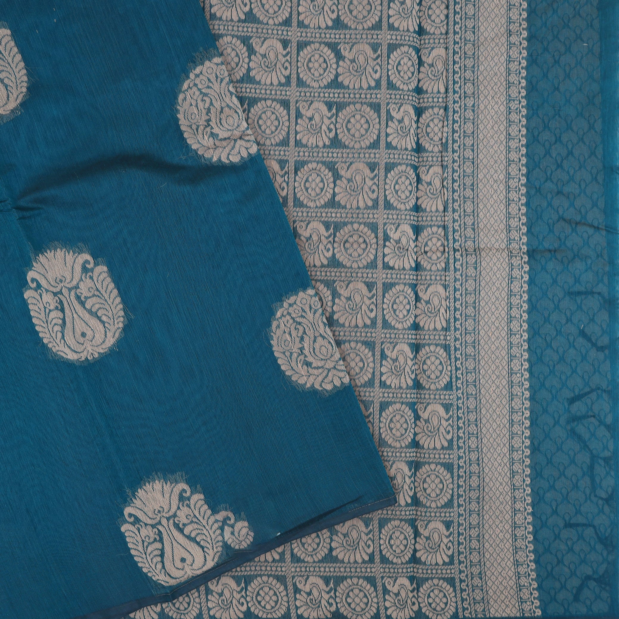 Deep Firozi Blue With Sandal Zari   Silk Cotton Saree