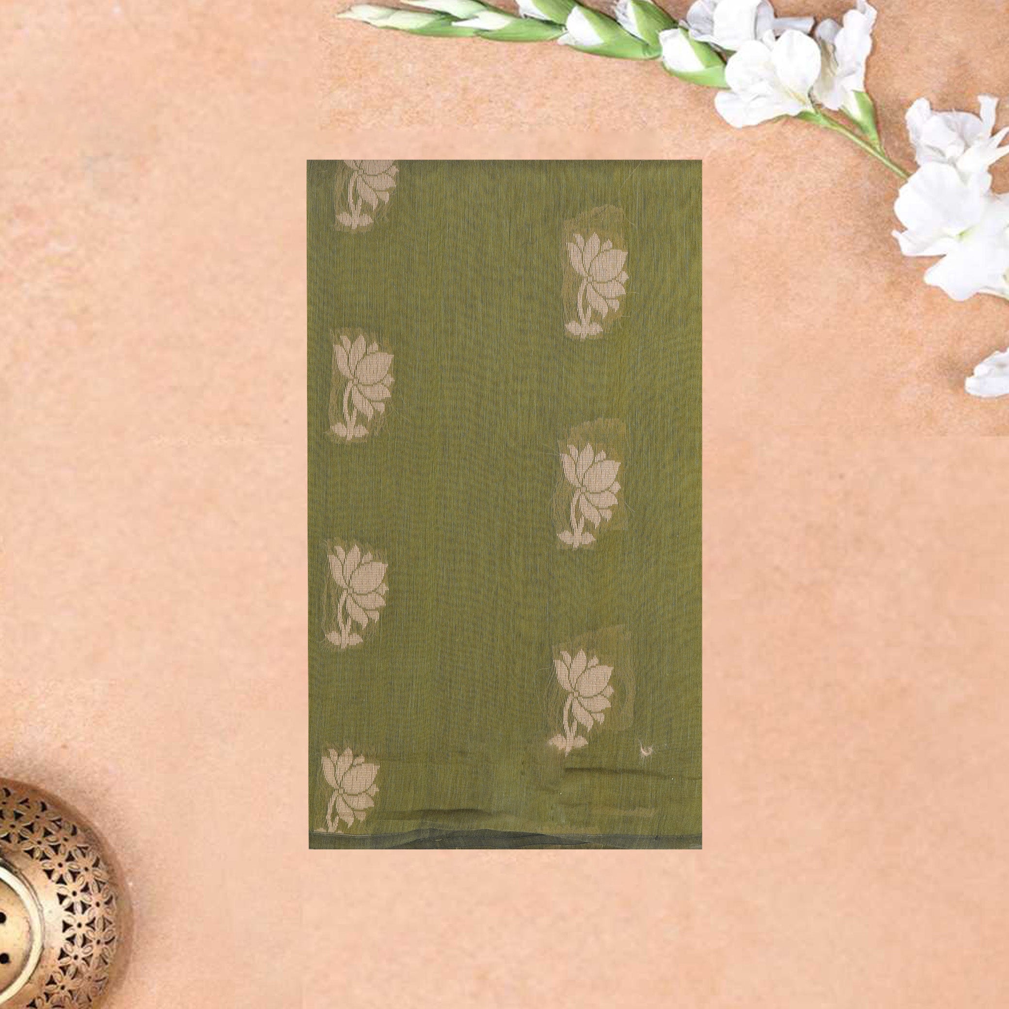 Olive green Blue With Sandal Zari   Silk Cotton Saree