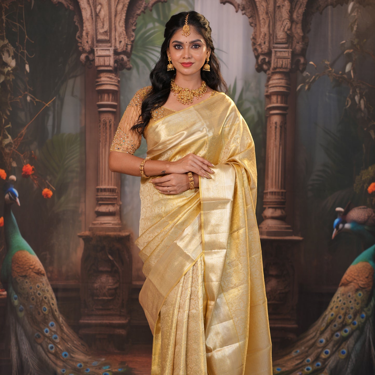 Golden Tissue  Gold Zari Border Wedding Silk Saree