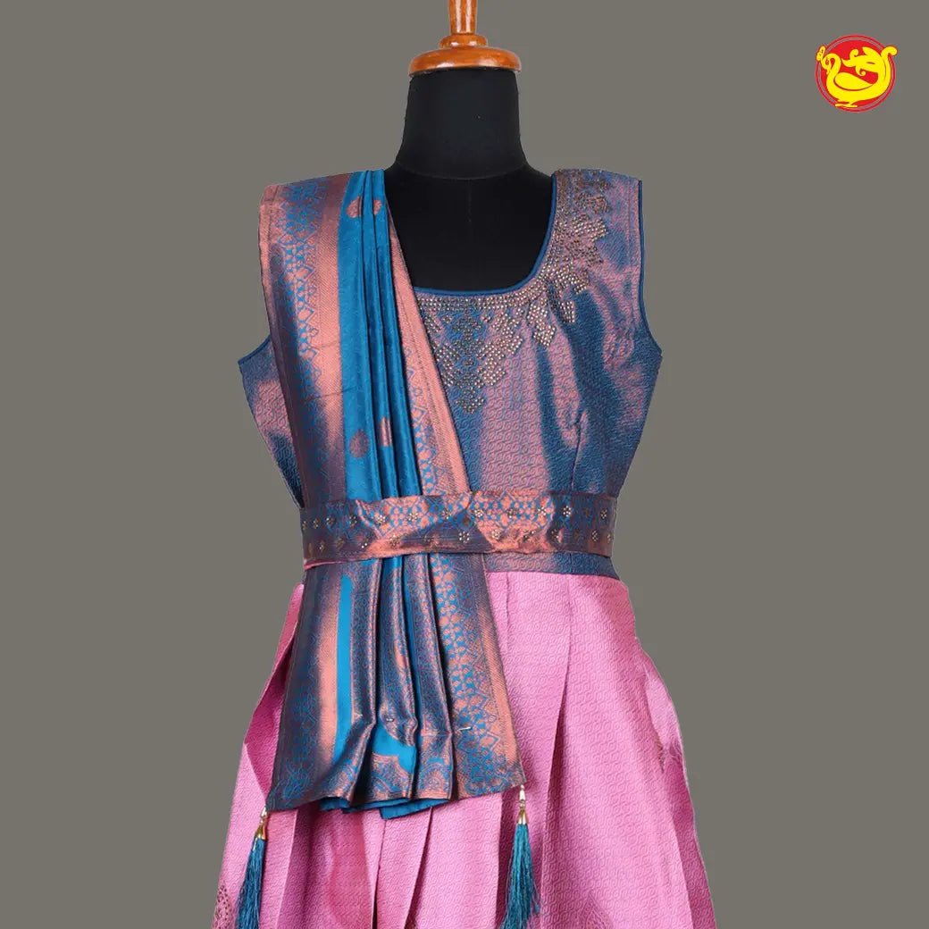 Light Pink with Peacock Blue & Women Branded Readymade Pattu Gown