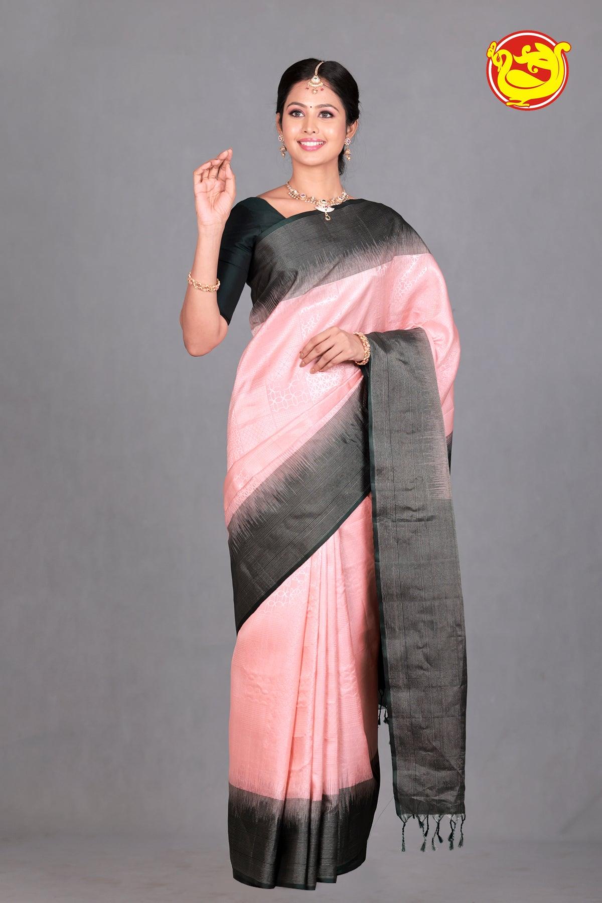 Light Peach With Dark Green Soft Silk Saree