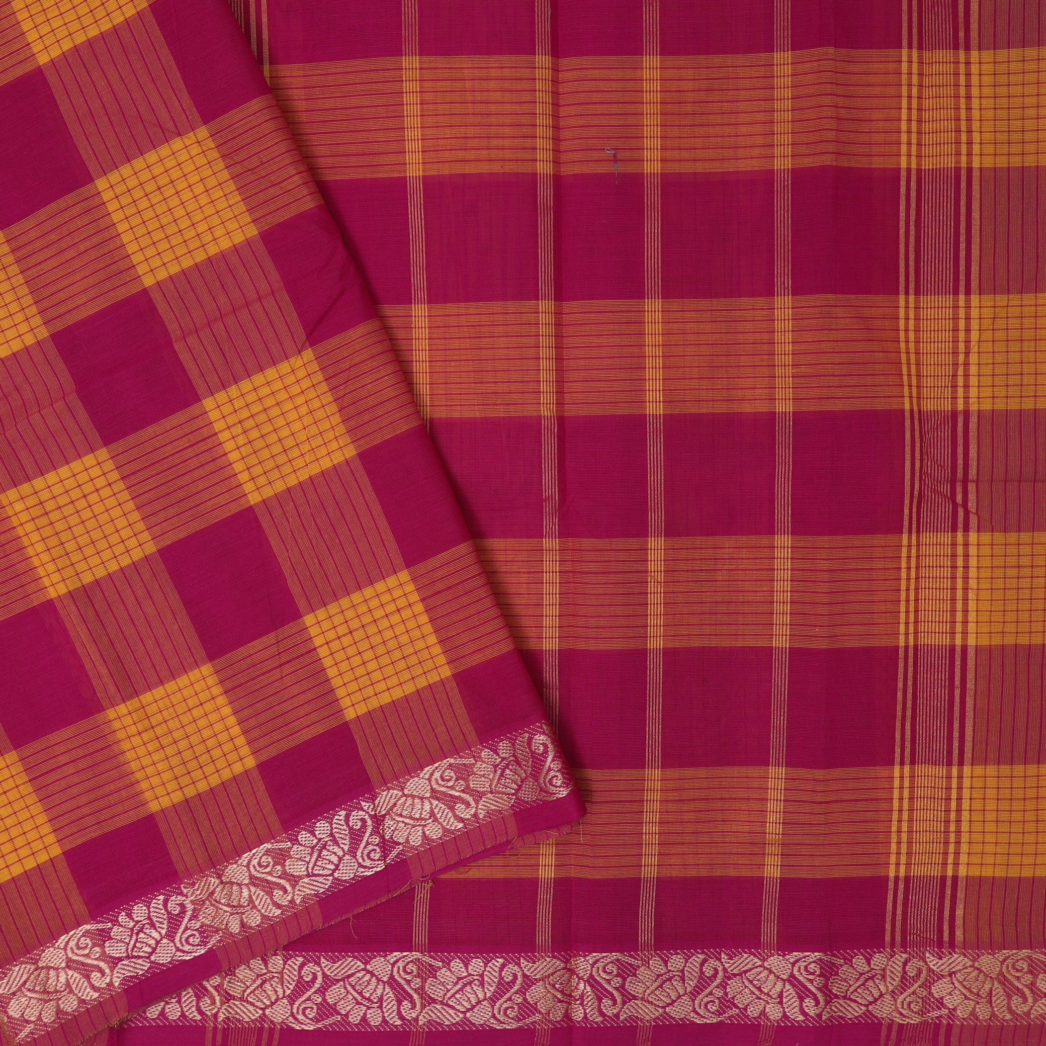Yellow  – Brown Small Checked Pattern Pure Chettinad Cotton Saree without Blouse