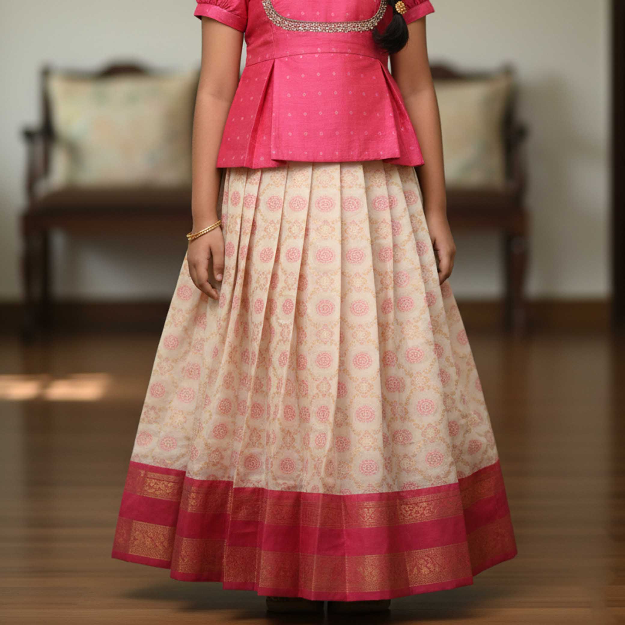 Pink With Half White Girls Branded Readymade Pattu Pavadai