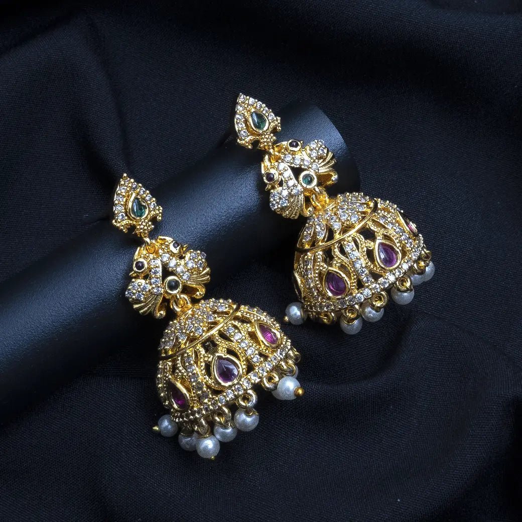 American diamond jhumkas with kemp stones and pearl hangings