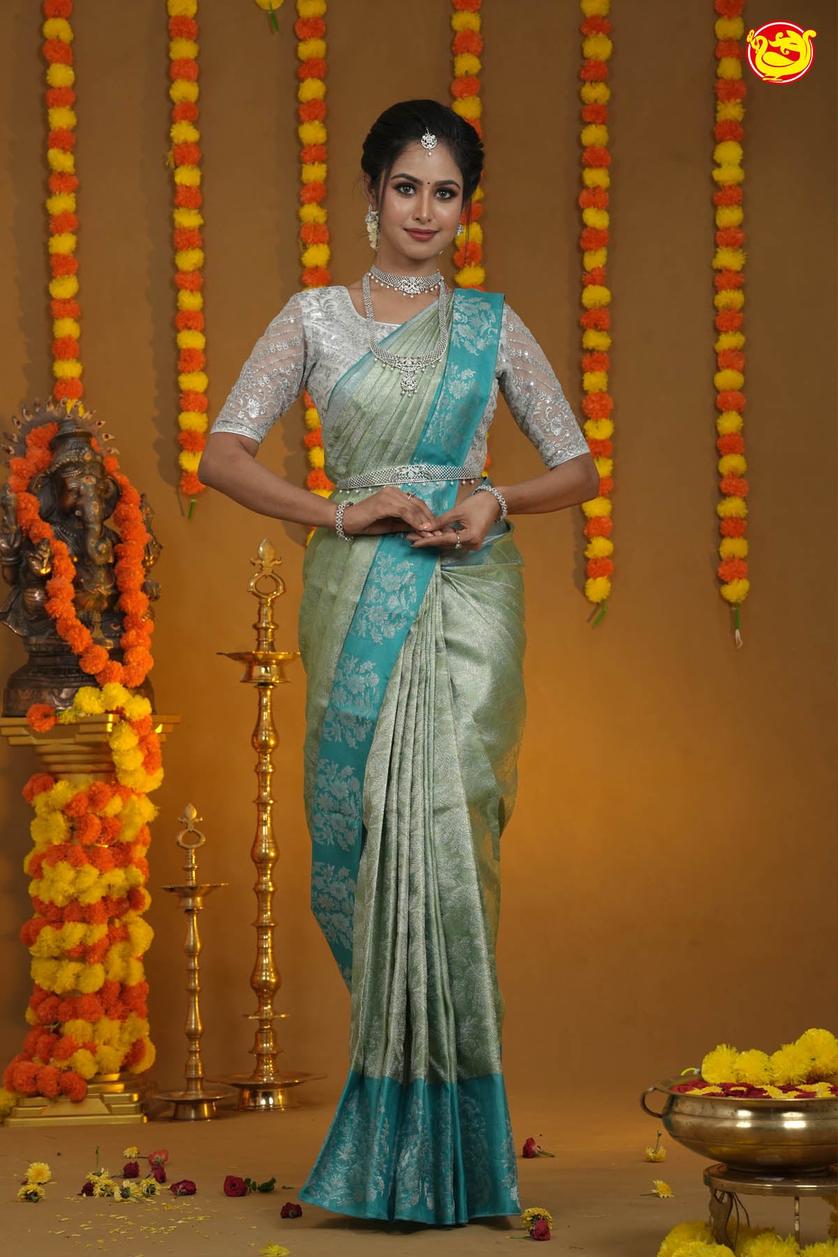 Banarasee Kora Muslin Saree With Tanchoi Design & Blue Border-Green