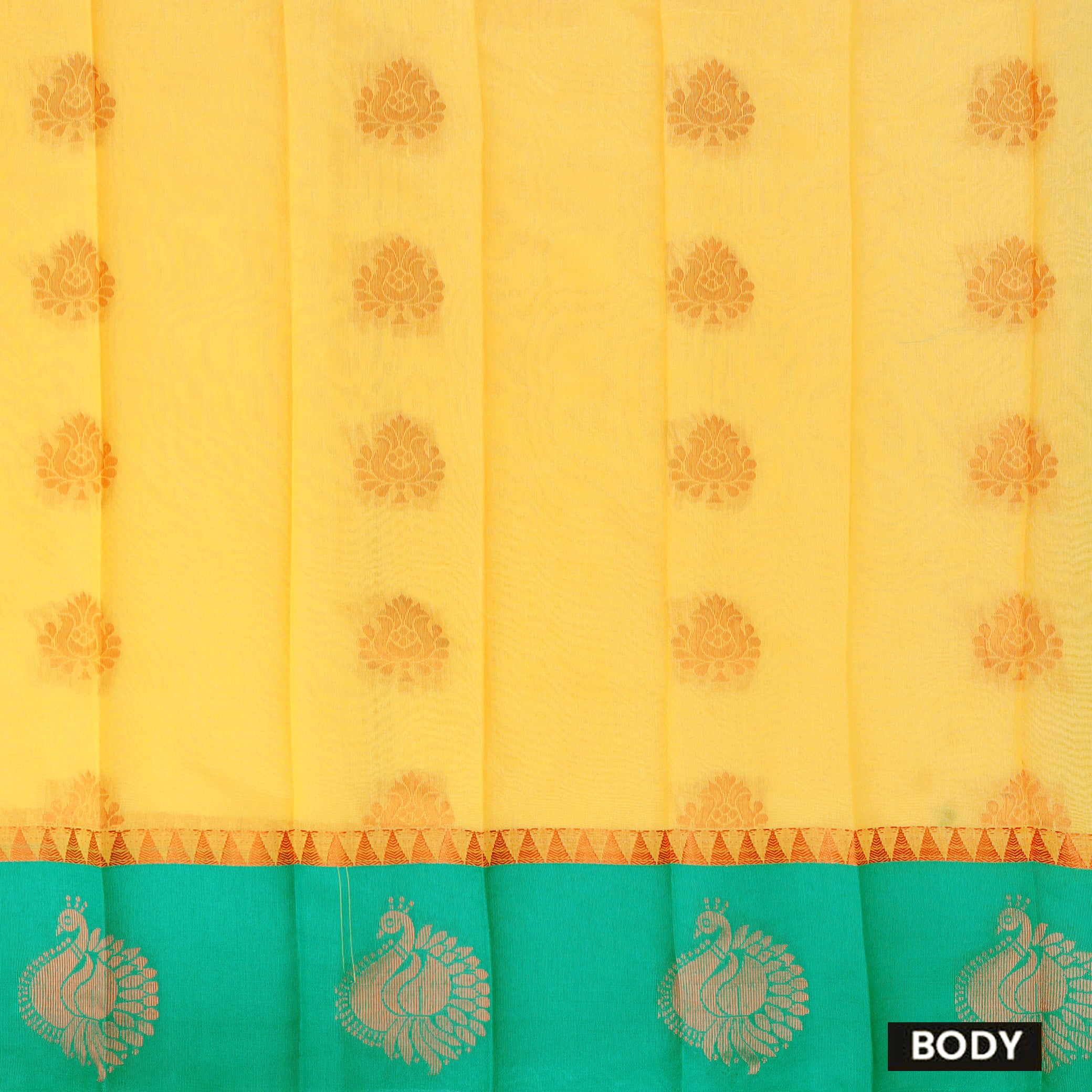 Yellow With  Green  Border Silk Cotton Saree