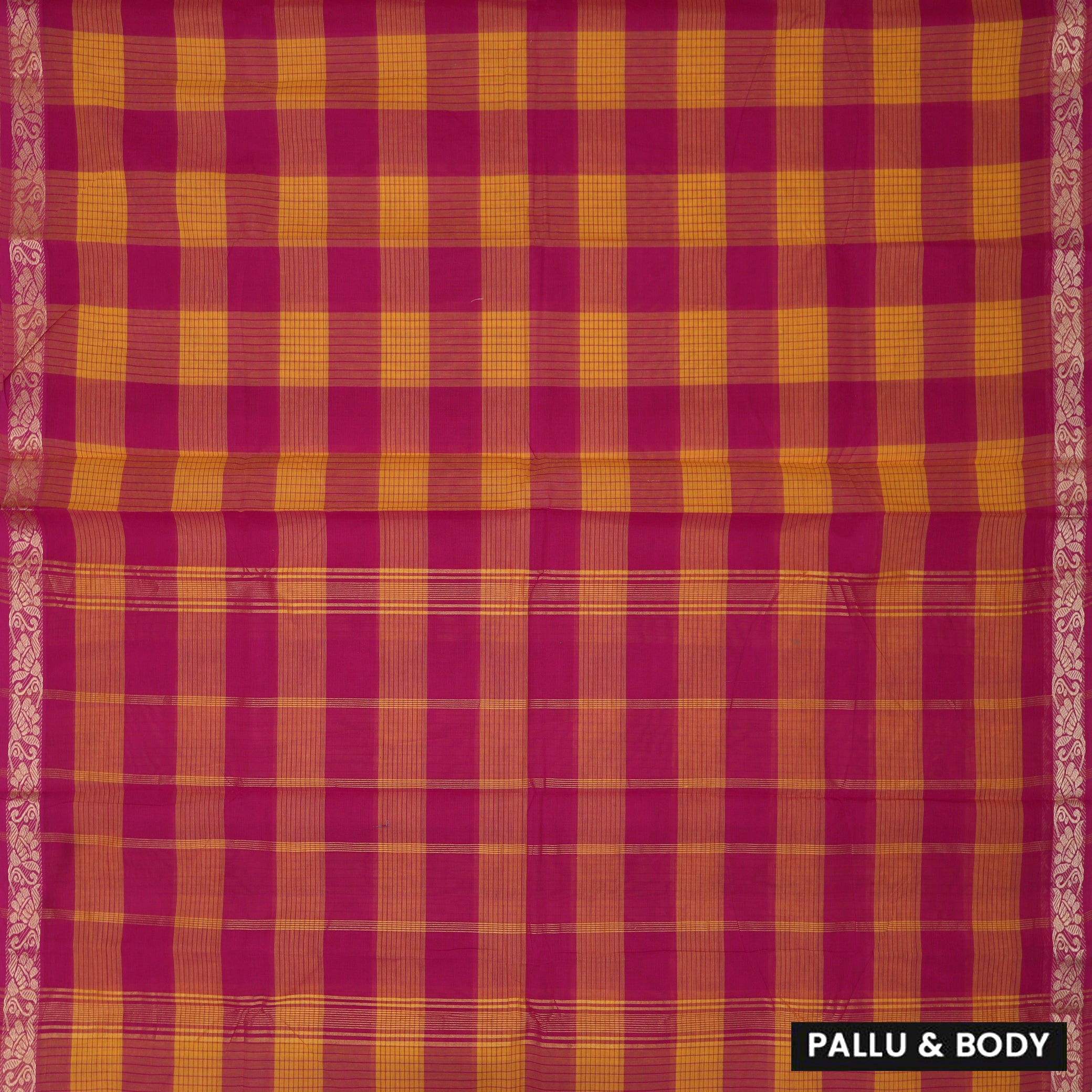 Yellow  – Brown Small Checked Pattern Pure Chettinad Cotton Saree without Blouse